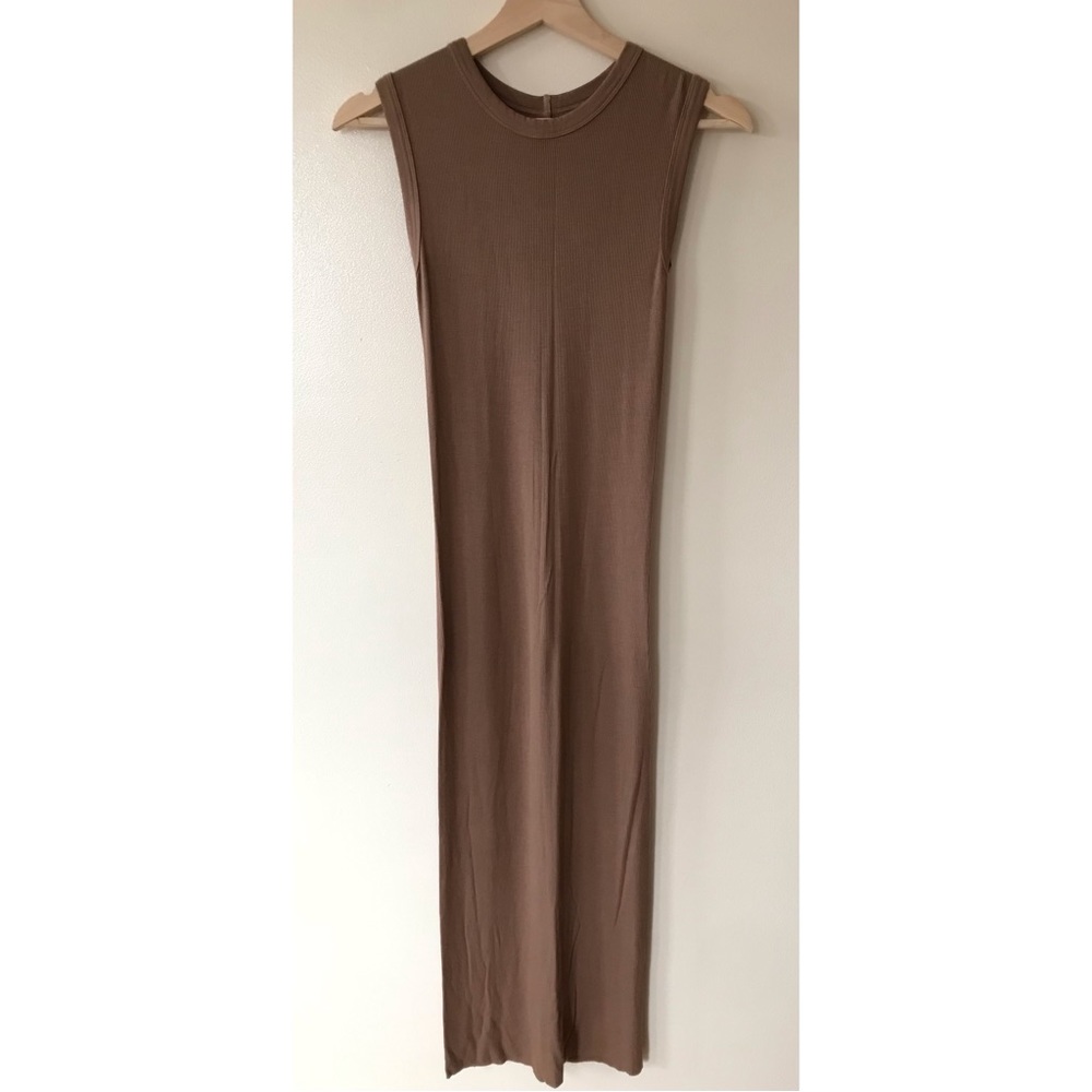 Enza Costa • XS • Tan Ribbed Sleeveless Tank Midi Dress Viscose Silk Blend
